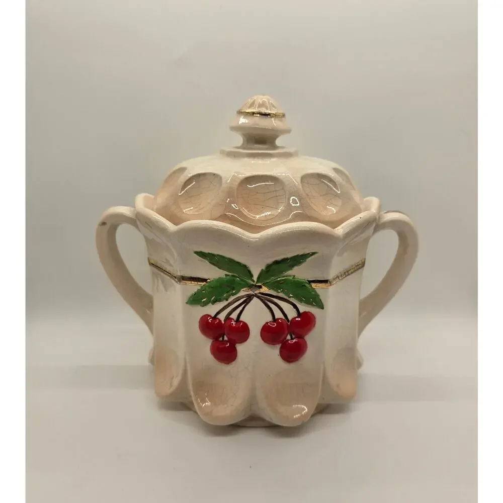 Vintage Westmoreland Milk Glass Hand Painted Cherry Thumbprint Panel Cookie Jar